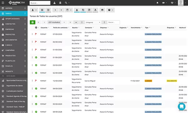Lista de tareas en el CRM